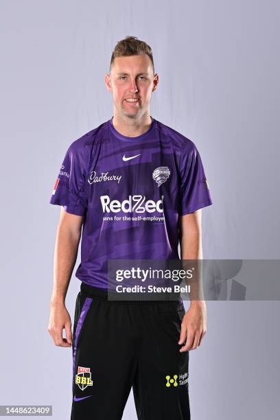 Billy Stanlake poses during the Hobart Hurricanes Big Bash League headshots session at Blundstone Arena on December 12, 2022 in Hobart, Australia.