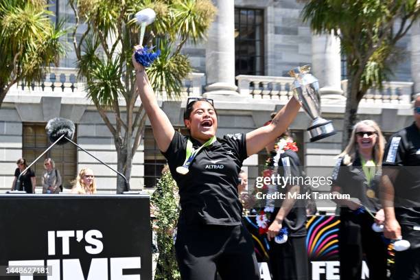 Ayesha Leti-I'iga celebrates with a poi and the World Cupduring a New Zealand Black Ferns 'Thank You Aotearoa' Tour Parliamentary Reception at...