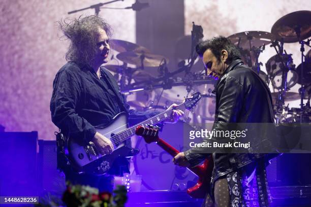 Robert Smith and Simon Gallup of The Cure perform at OVO Arena Wembley on December 12, 2022 in London, England.