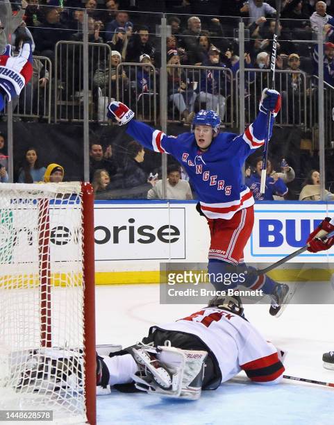 Kaapo Kakko of the New York Rangers celebrates his goal at 14:05 of the second period against Vitek Vanecek of the New Jersey Devils at Madison...