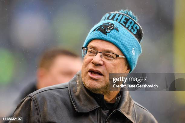 Carolina Panthers owner David Tepper is seen on the sideline prior to the game against the Seattle Seahawks at Lumen Field on December 11, 2022 in...