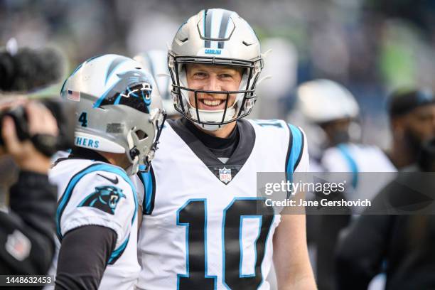 Johnny Hekker of the Carolina Panthers prior to the game against the Seattle Seahawks at Lumen Field on December 11, 2022 in Seattle, Washington.