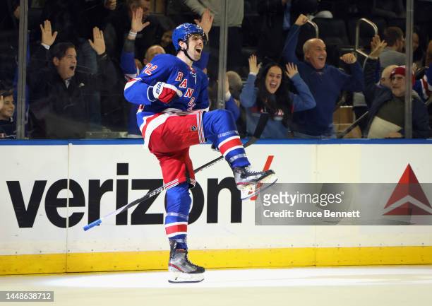 Filip Chytil of the New York Rangers celebrates his game winning overtime goal against the New Jersey Devils at Madison Square Garden on December 12,...