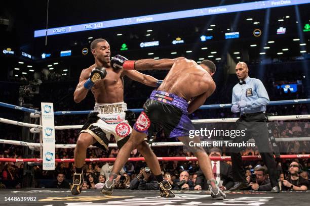 January 20: Errol Spence Jr defeats Lamont Peterson by RTD in the 10th round in their Championship Welterweight fight at the Barclay Center in...