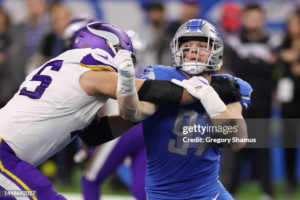Aidan Hutchinson of the Detroit Lions plays against the Minnesota Vikings at Ford Field on December 11, 2022 in Detroit, Michigan.