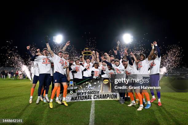 The Syracuse Orange celebrate after their win against the Indiana Hoosiers during the Division I Men’s Soccer Championship on December 12, 2022 at...