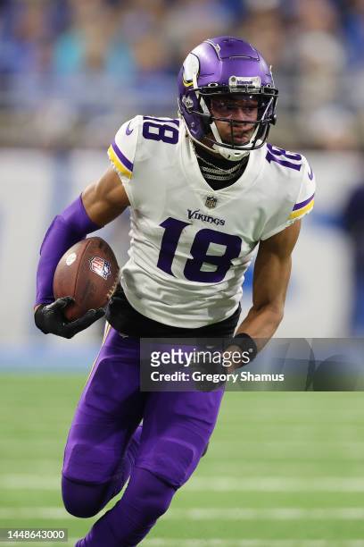 Justin Jefferson of the Minnesota Vikings plays against the Detroit Lions at Ford Field on December 11, 2022 in Detroit, Michigan.