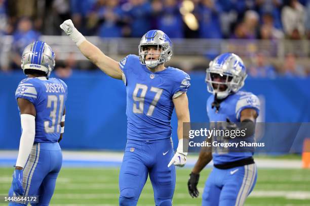 Aidan Hutchinson of the Detroit Lions reacts after a tackle against the Minnesota Vikings at Ford Field on December 11, 2022 in Detroit, Michigan.