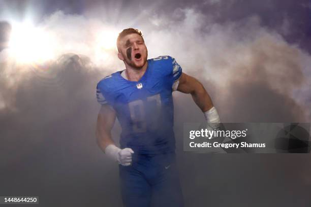Aidan Hutchinson of the Detroit Lions is introduced prior to a game against the Minnesota Vikings at Ford Field on December 11, 2022 in Detroit,...