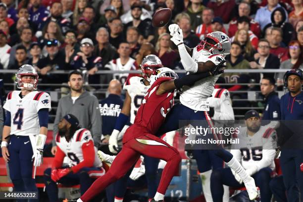 Nelson Agholor of the New England Patriots misses a catch against Christian Matthew of the Arizona Cardinals during the third quarter of the game at...