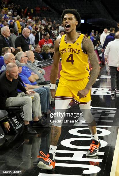 Desmond Cambridge Jr. #4 of the Arizona State Sun Devils celebrates as he leaves the court after the team's 73-71 victory over the Creighton Bluejays...