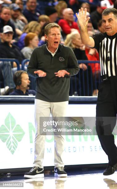 Head coach Mark Few of the Gonzaga Bulldogs reacts from the sideline against the Northern Illinois Huskies in the second half at McCarthey Athletic...