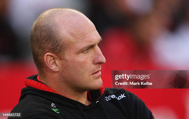 Injured Dragons foward Michael Weyman watches on from the bench during the round 11 NRL match between the St George Illawarra Dragons and the South...