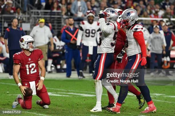 Josh Uche of the New England Patriots celebrates after sacking Colt McCoy of the Arizona Cardinals during the fourth quarter of the game at State...
