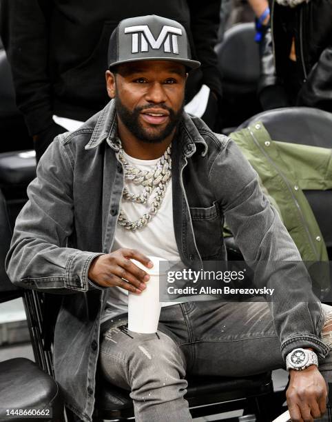 Floyd Mayweather Jr. Attends a basketball game between the Los Angeles Clippers and the Boston Celtics at Crypto.com Arena on December 12, 2022 in...