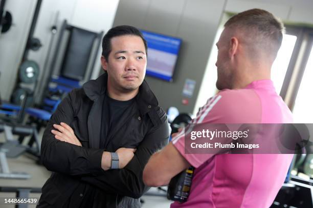 Aiyawatt Srivaddhanaprabha Leicester City Chairman with Jamie Vardy of Leicester City during the Return to Pre-Season Training at Leicester City...