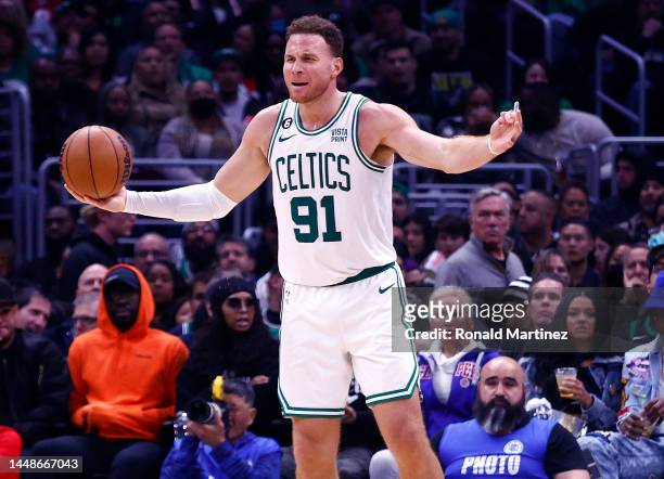 Blake Griffin of the Boston Celtics reacts against the LA Clippers in the second half at Crypto.com Arena on December 12, 2022 in Los Angeles,...