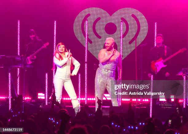 Kim Petras and Sam Smith perform onstage during iHeart Radio's Jingle Ball at Wells Fargo Center on December 12, 2022 in Philadelphia, Pennsylvania.