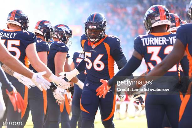 Baron Browning of the Denver Broncos takes the field against the Kansas City Chiefs at Empower Field At Mile High on December 11, 2022 in Denver,...