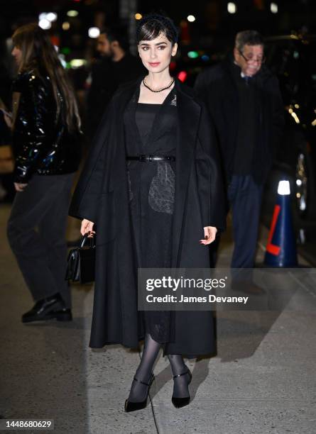 Lily Collins visits the 'The Late Show With Stephen Colbert' at the Ed Sullivan Theater on December 12, 2022 in New York City.