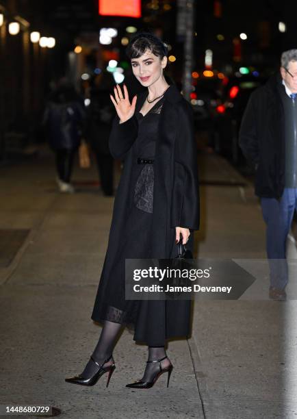 Lily Collins visits the 'The Late Show With Stephen Colbert' at the Ed Sullivan Theater on December 12, 2022 in New York City.