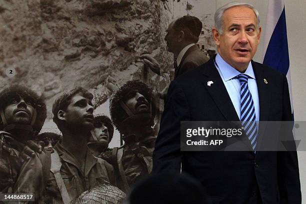 Israeli Prime Minister Benjamin Netanyahu arrives to the weekly cabinet meeting at Ammunition Hill in Jerusalem on May 20, 2012. Israeli ministers...