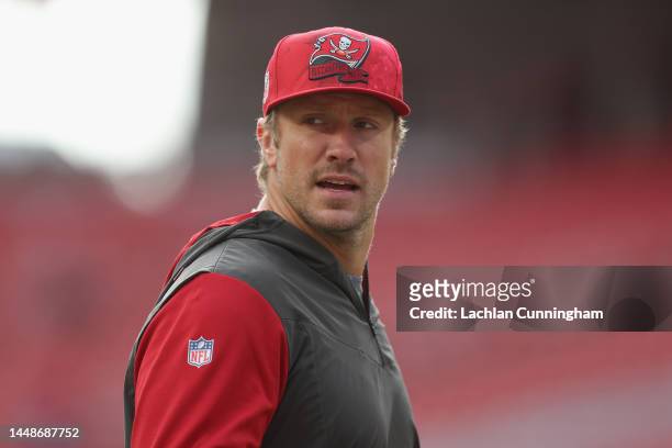 Blaine Gabbert of the Tampa Bay Buccaneers warms up before the game against the San Francisco 49ers at Levi's Stadium on December 11, 2022 in Santa...