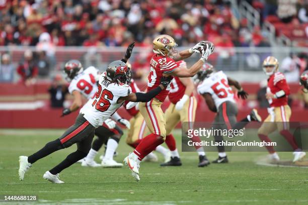 Christian McCaffrey of the San Francisco 49ers makes a catch against Logan Ryan of the Tampa Bay Buccaneers in the second quarter at Levi's Stadium...