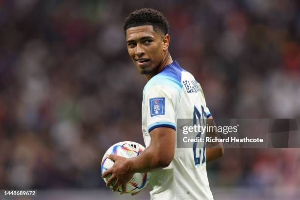 Jude Bellingham of England in action during the FIFA World Cup Qatar 2022 quarter final match between England and France at Al Bayt Stadium on...