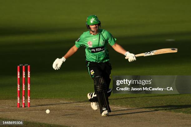 Joe Burns of the Stars bats during the Men's Big Bash League match between the Sydney Thunder and the Melbourne Stars at Manuka Oval on December 13,...
