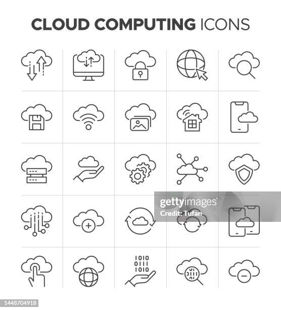 stockillustraties, clipart, cartoons en iconen met cloud computing line icon set - hosting, file storage, cloud data and web server symbols - cloud opslag