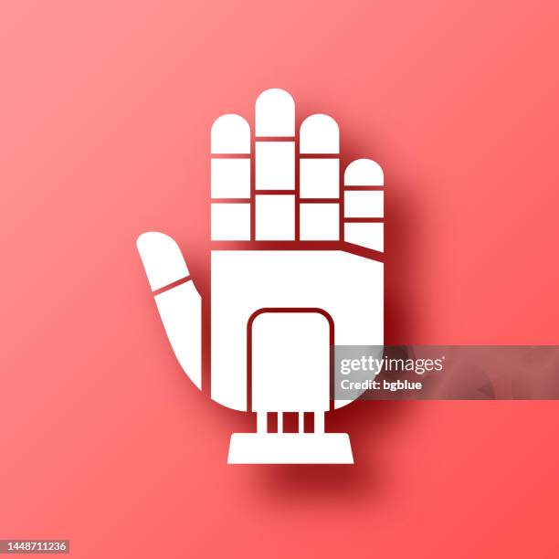 robot hand. icon on red background with shadow - robotic process automation stock illustrations