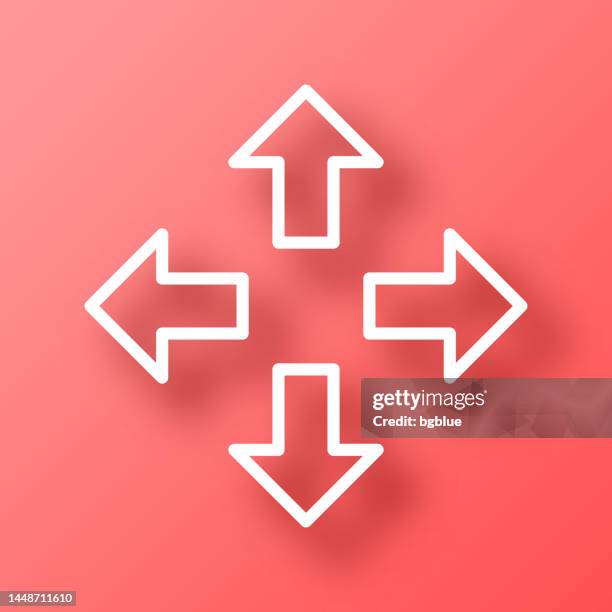 arrows in four directions. icon on red background with shadow - road junction 3d stock illustrations
