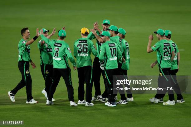 Trent Boult of the Stars celebrates after taking the wicket of Rilee Rossouw of the Thunder during the Men's Big Bash League match between the Sydney...