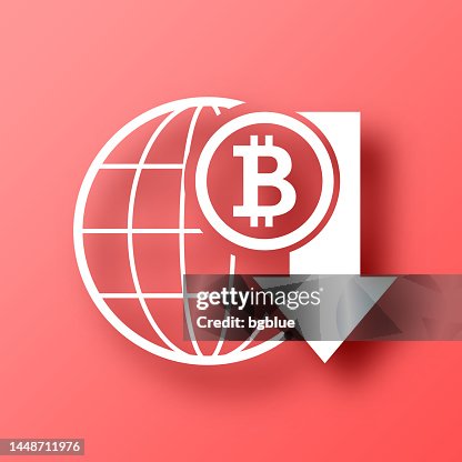 Bitcoin rate decrease. Icon on Red background with shadow Bitcoin rate decrease. Icon on Red background with shadow
