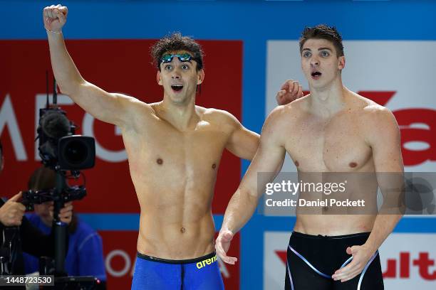 Paolo Conte Bonin and Alessandro Miressi of Italy celebrate winning gold in the Men’s 4x100m Freestyle Final, setting a new world record in a time of...