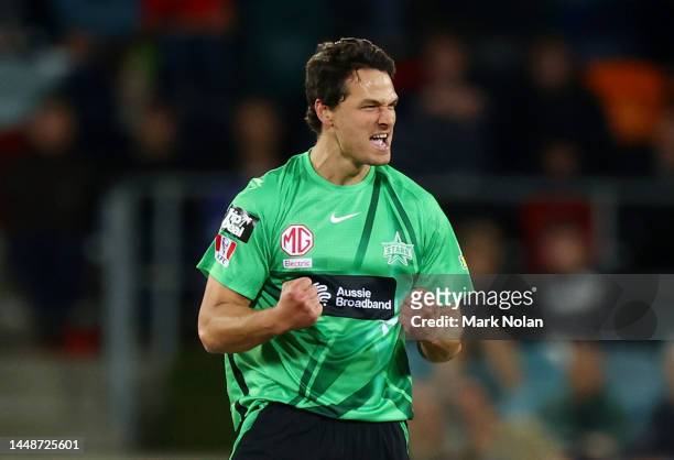 Nathan Coulter-Nile of the Stars celebrates taking a wicket during the Men's Big Bash League match between the Sydney Thunder and the Melbourne Stars...