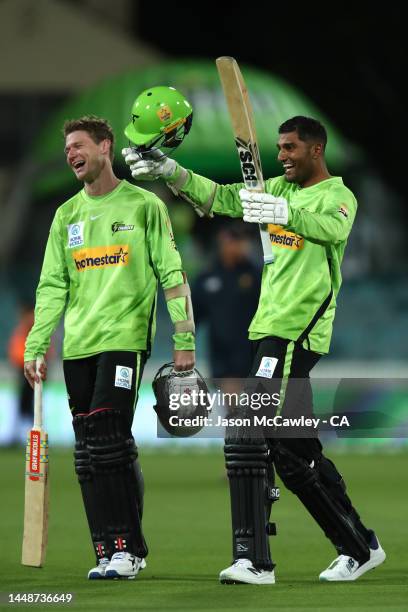 Brendan Doggett and Gurinder Sandhu of the Thunder celebrate victory during the Men's Big Bash League match between the Sydney Thunder and the...