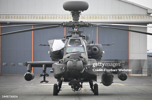 British Army AgustaWestland Apache Attack Helicopter is seen after landing at Portland heliport, on December 13, 2022 in Portland, United Kingdom.