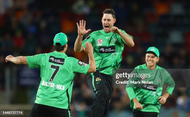 Beau Webster of the Stars celebrates taking a wicket during the Men's Big Bash League match between the Sydney Thunder and the Melbourne Stars at...