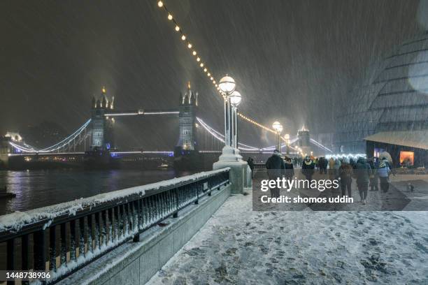 london city landmark in winter snow - nevicata foto e immagini stock