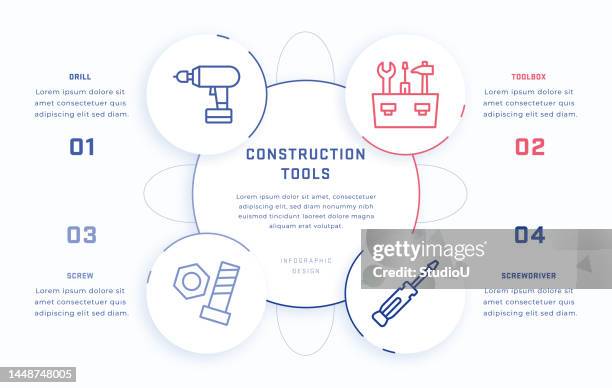 construction tools four steps infographic design template with line icons - building mural stock illustrations