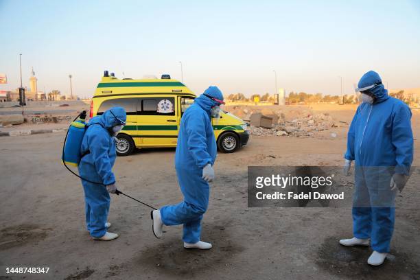 On the working day of the ambulance team, which transports Corona cases from their homes to isolation hospitals on May 7, 2020 in Cairo, Egypt. Up...