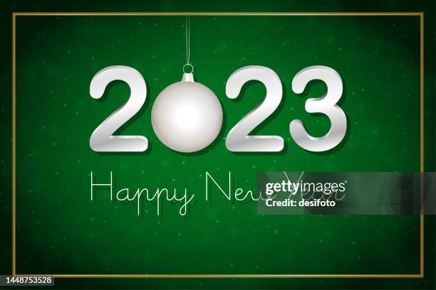 silver metallic white colored three dimensional or three dimensional text 2023 and happy new year over dark bright green horizontal festive glowing glittering smudged vector backgrounds with christmas bauble and a golden border stock illustration - bling background stock illustrations