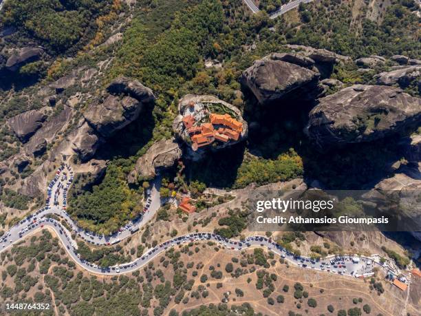 Aerial view of the Varlaam Monastery and Meteora valley on October 27, 2022 in Meteora, Greece. The Varlaam Monastery is the second largest monastery...