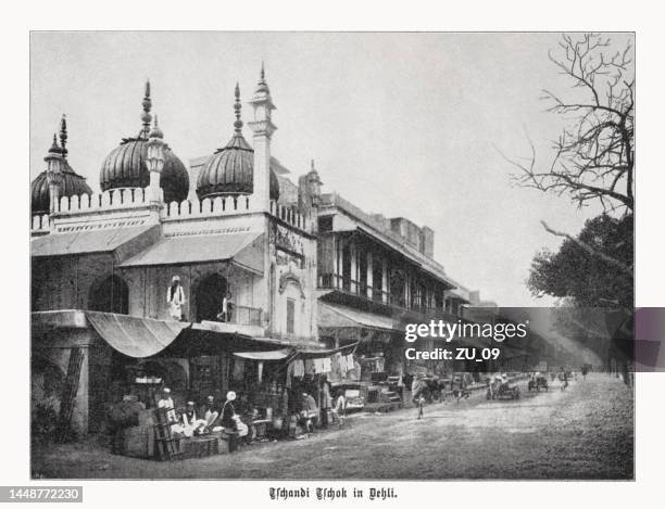 chandni chowk, delhi, india, halftone print, published in 1899 - delhi stock illustrations