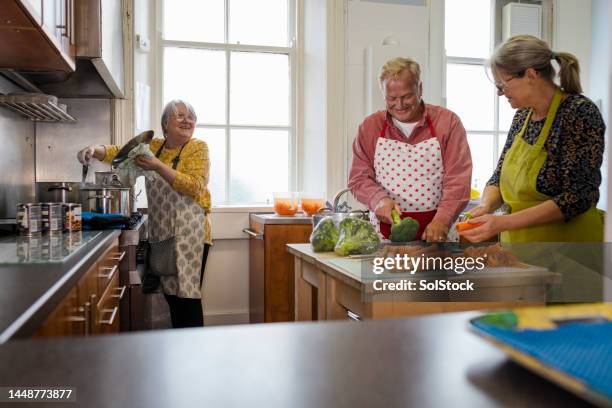 volunteers preparing roast dinners - altruismo stock pictures, royalty-free photos & images