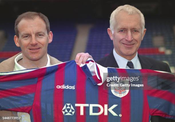 Former Crystal Palace manager Steve Coppell pictured holding a Palace shirt with Chairman Ron Noades after Coppell came back to manage the club on a...