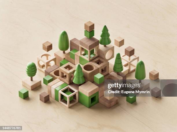 3d wooden abstract composition - corporate social responsibility stock-fotos und bilder