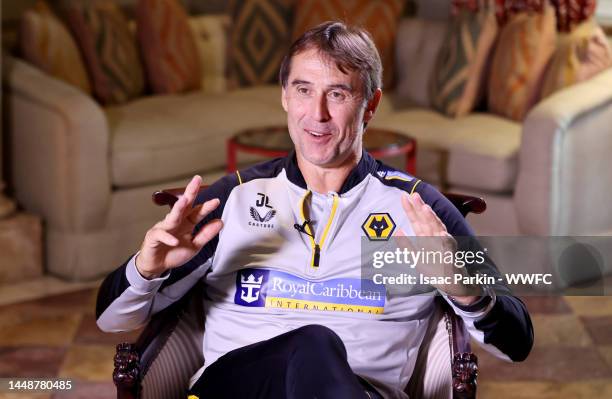Julen Lopetegui, Manager of Wolverhampton Wanderers is interviewed following a Wolverhampton Wanderers Training Session on December 12, 2022 in...